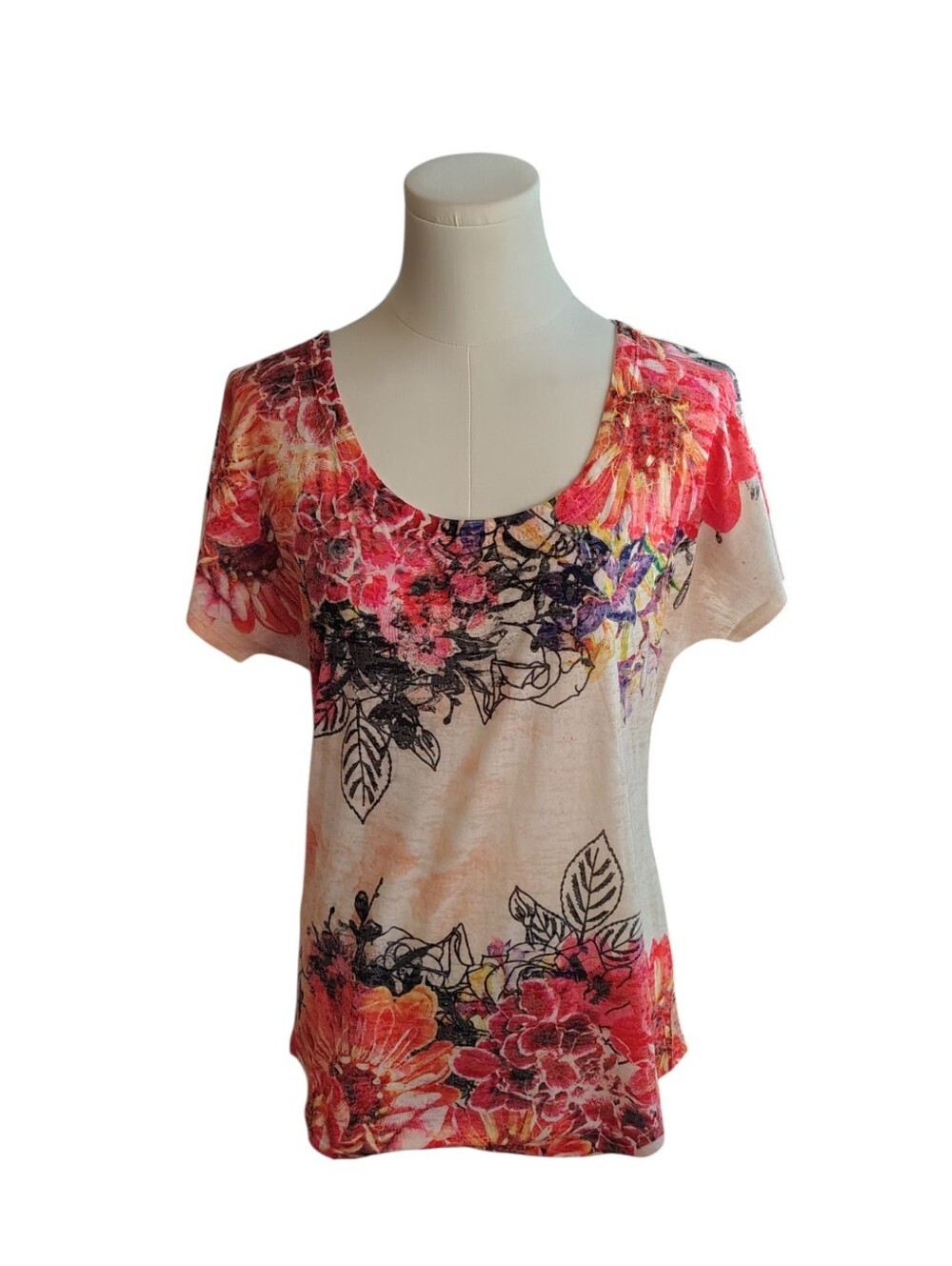 Vintage Closet Full Orange Cream Floral Burn Out Women's Tee Size Medium